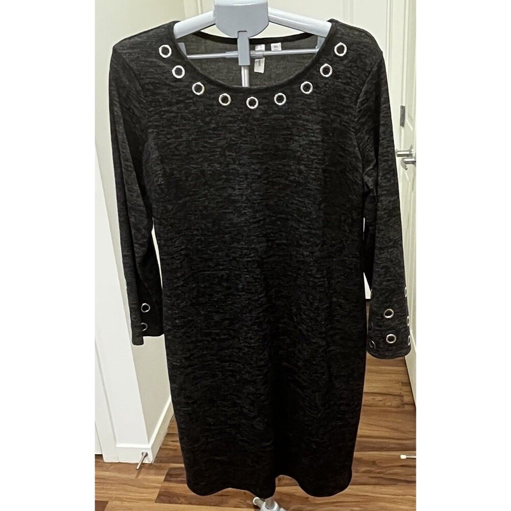 Tacera Dress Womens XL Extra Large Black Heathered Shift Grommet Casual Stretch
